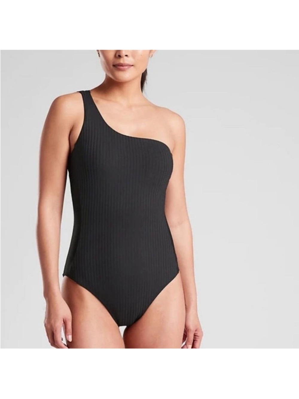 Athleta One-Shoulder Ribbed Black Swimsuit